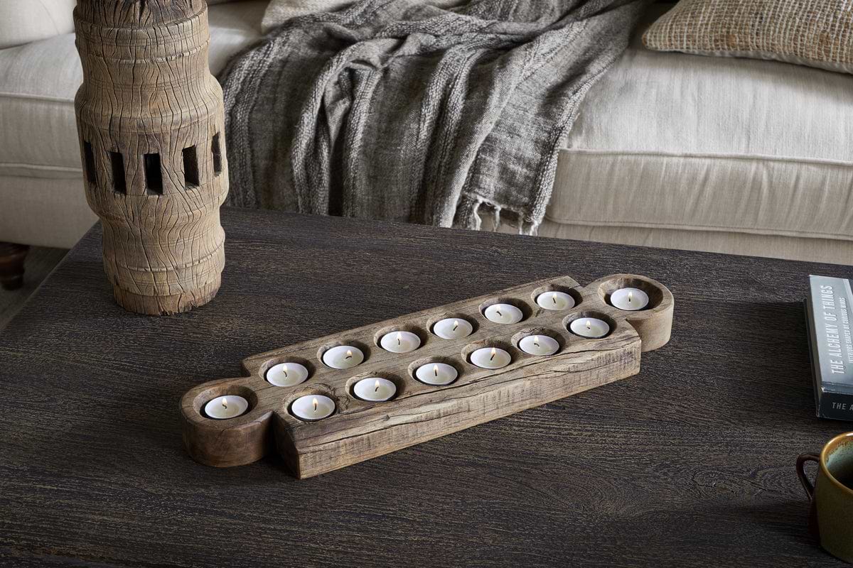 Makala Reclaimed Wood Tealight Holder - Natural-CANDLES HOLDERS & LANTERNS-Nkuku