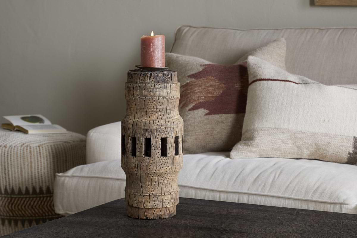 Mvua Reclaimed Wood Pillar Candle Holder - Natural-CANDLES HOLDERS & LANTERNS-Nkuku