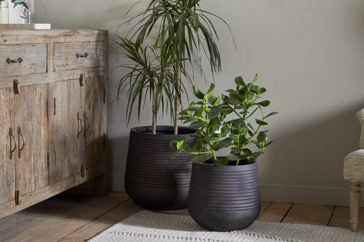 Lmaga Metal Grooved Planter - Aged Black-VASES & PLANTERS-Nkuku