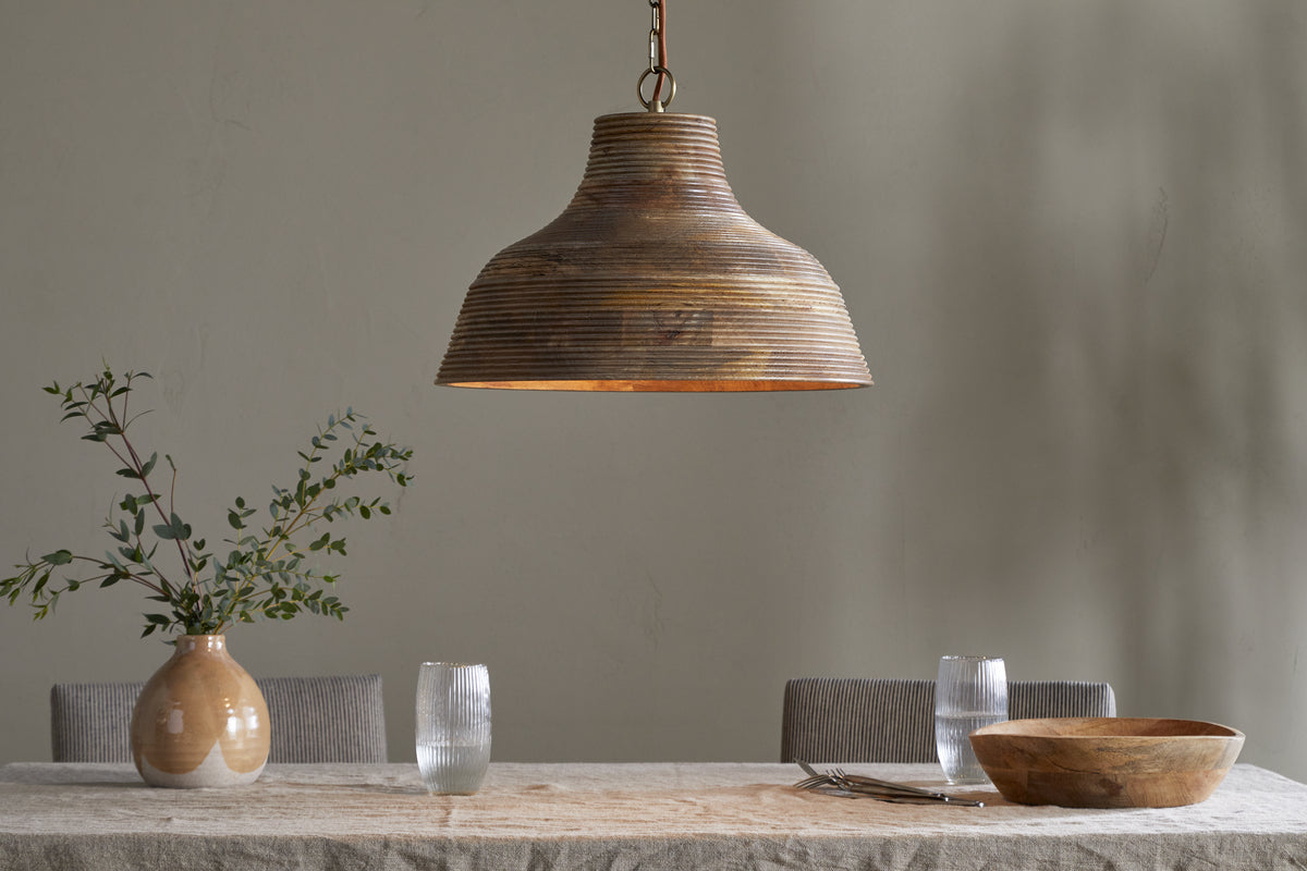Nadi Grooved Wood Pendant - Natural & Antique Brass-LIGHTS-Nkuku