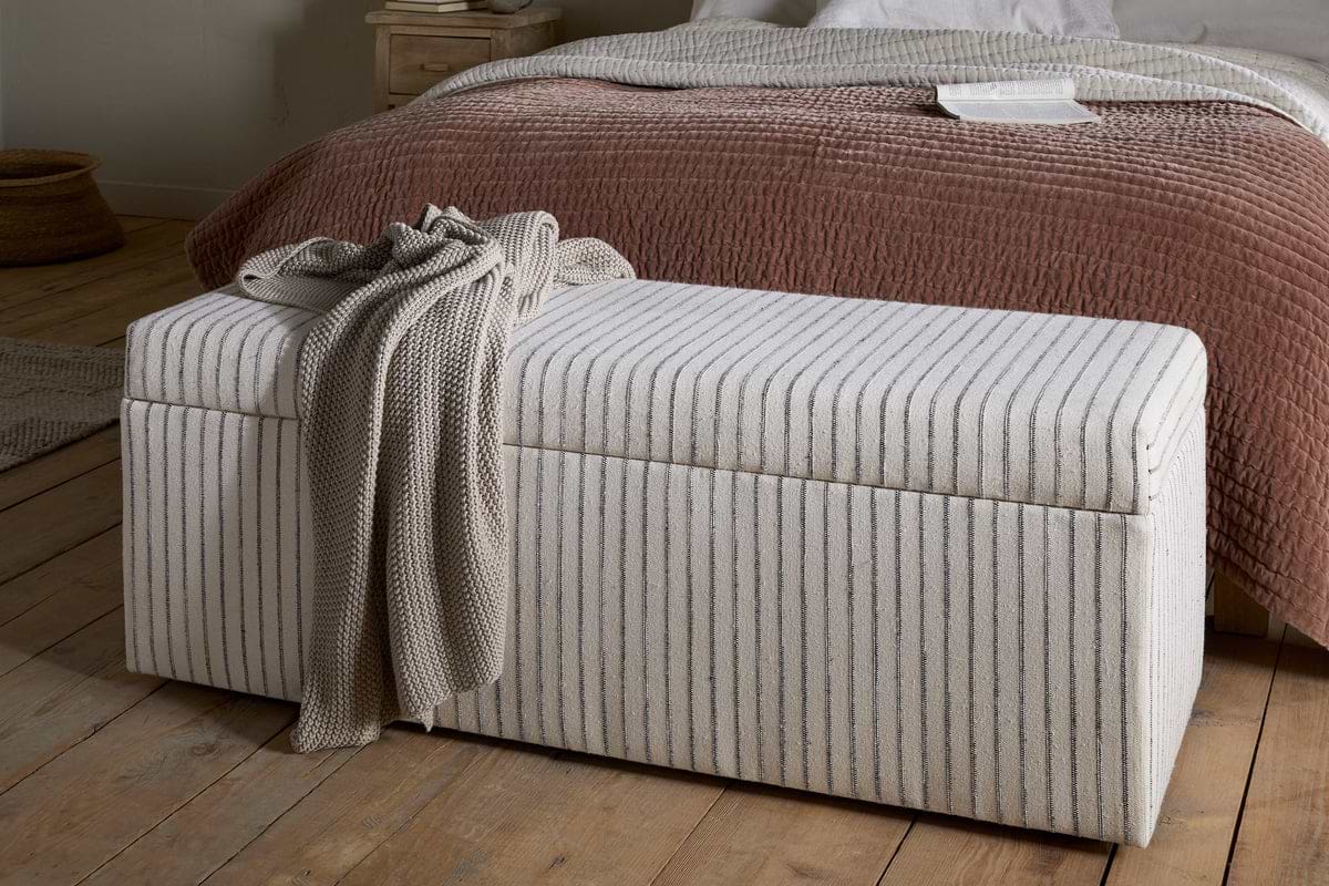Sanja Stripe Cotton & Linen Upholstered Storage Bench - Grey-SEATING-Nkuku