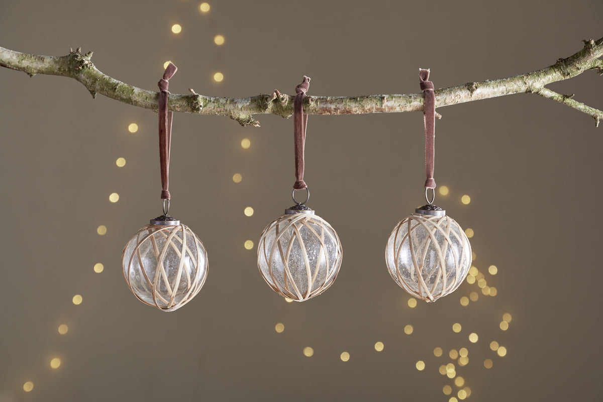 Bayana Woven Baubles - Natural & Clear - (Set of 3)-CHRISTMAS DECORATIONS-Nkuku