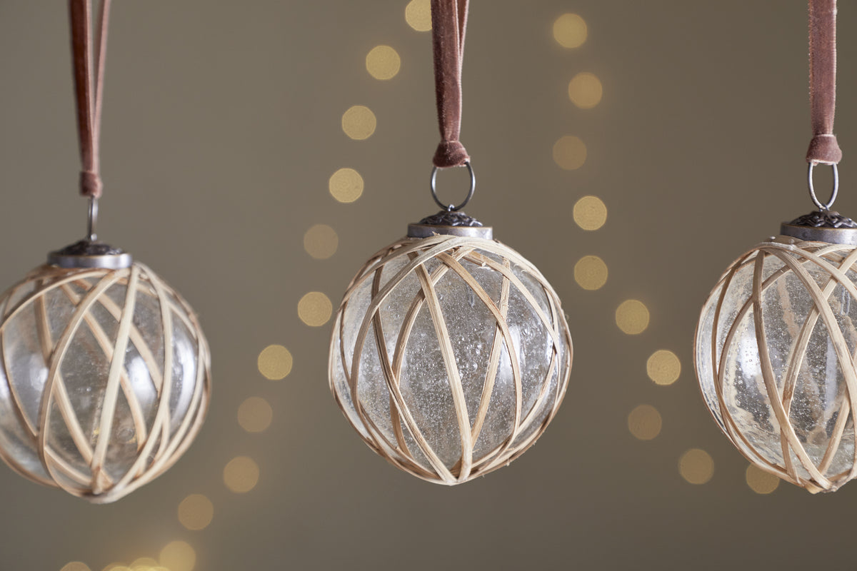 Bayana Woven Baubles - Natural & Clear - (Set of 3)-CHRISTMAS DECORATIONS-Nkuku