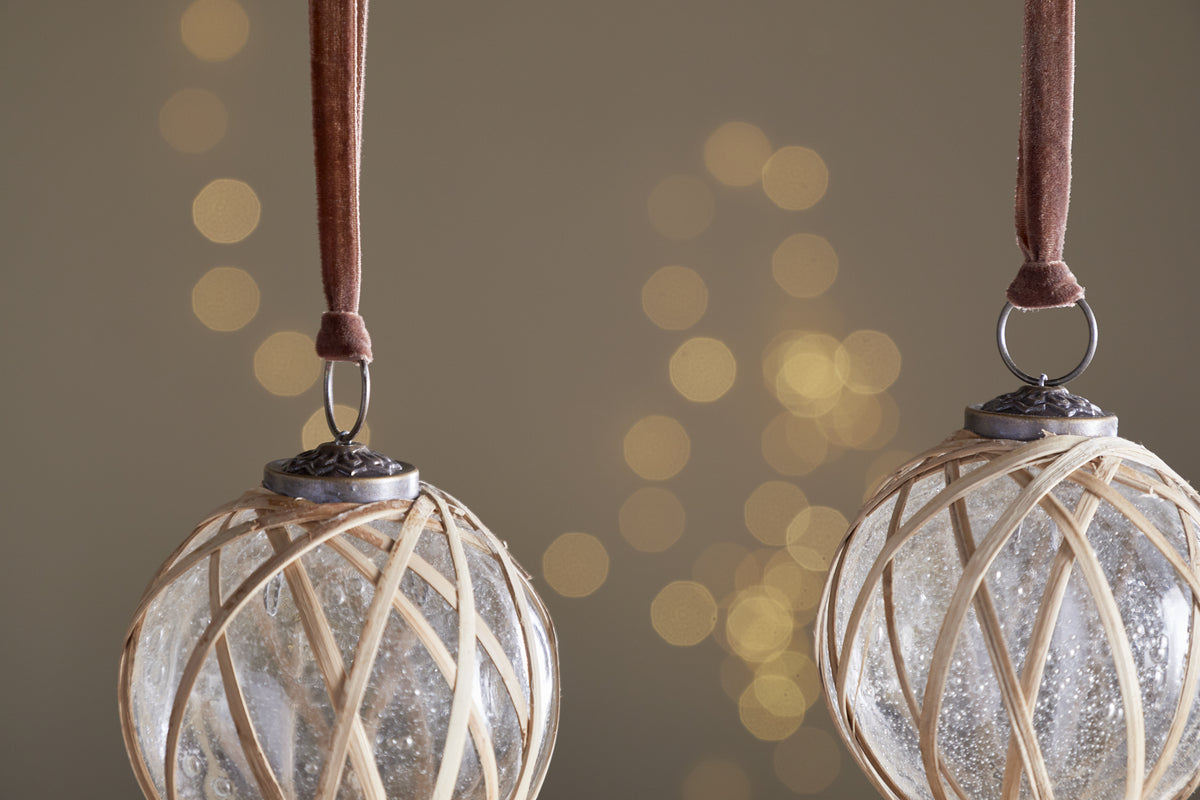 Bayana Woven Baubles - Natural & Clear - (Set of 3)-CHRISTMAS DECORATIONS-Nkuku