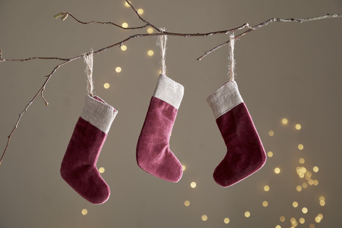 Karru Cotton Velvet Mini Stocking - Red - (Set of 3)-CHRISTMAS DECORATIONS-Nkuku
