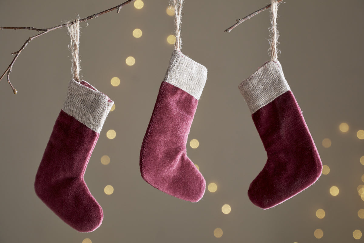 Karru Cotton Velvet Mini Stocking - Red - (Set of 3)-CHRISTMAS DECORATIONS-Nkuku