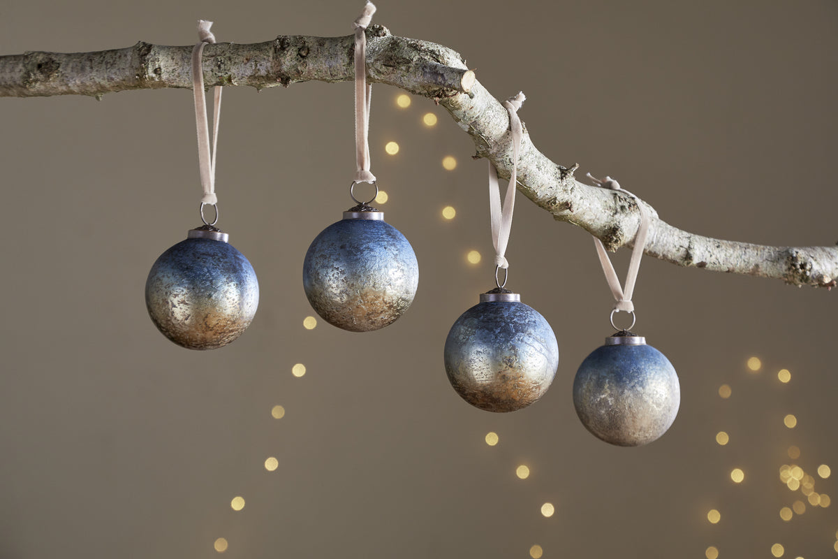 Pasali Baubles - Blue Smoke - (Set of 4)-CHRISTMAS DECORATIONS-Nkuku