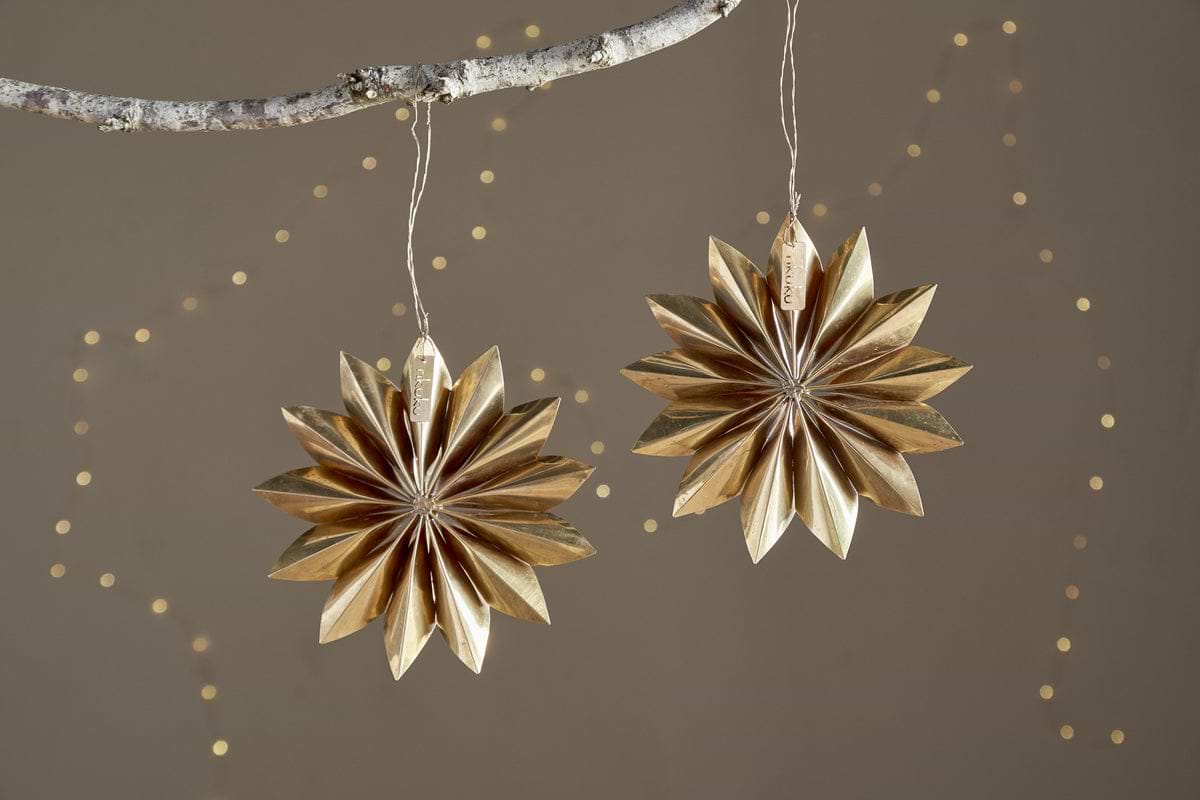 Amata Brass Star Baubles - Antique Brass - (Set of 2)-CHRISTMAS DECORATIONS-Nkuku
