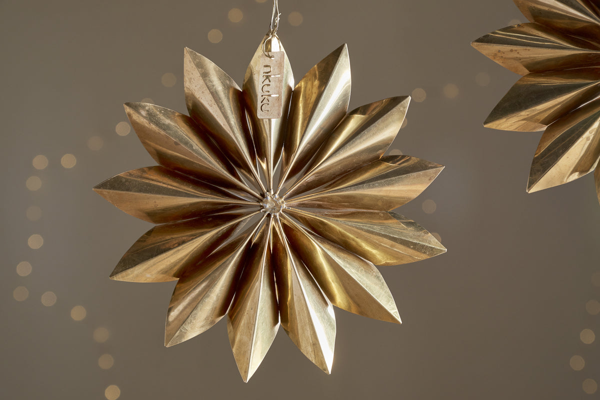 Amata Brass Star Baubles - Antique Brass - (Set of 2)-CHRISTMAS DECORATIONS-Nkuku