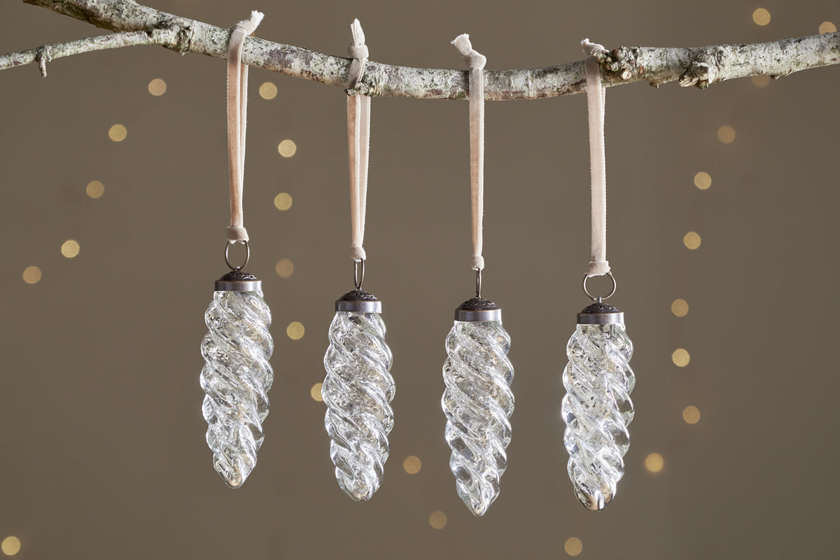 Athardi Drop Bauble - Antique Silver - (Set of 4)-CHRISTMAS DECORATIONS-Nkuku
