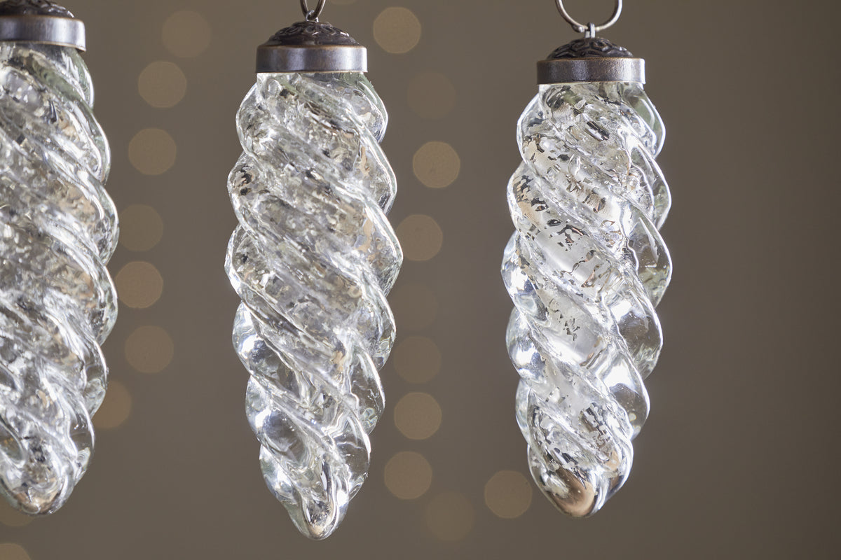 Athardi Drop Bauble - Antique Silver - (Set of 4)-CHRISTMAS DECORATIONS-Nkuku