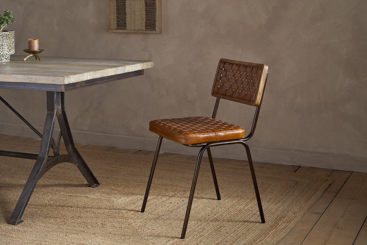 Amala Leather Weave & Iron Dining Chair - Aged Tan-SEATING-Nkuku
