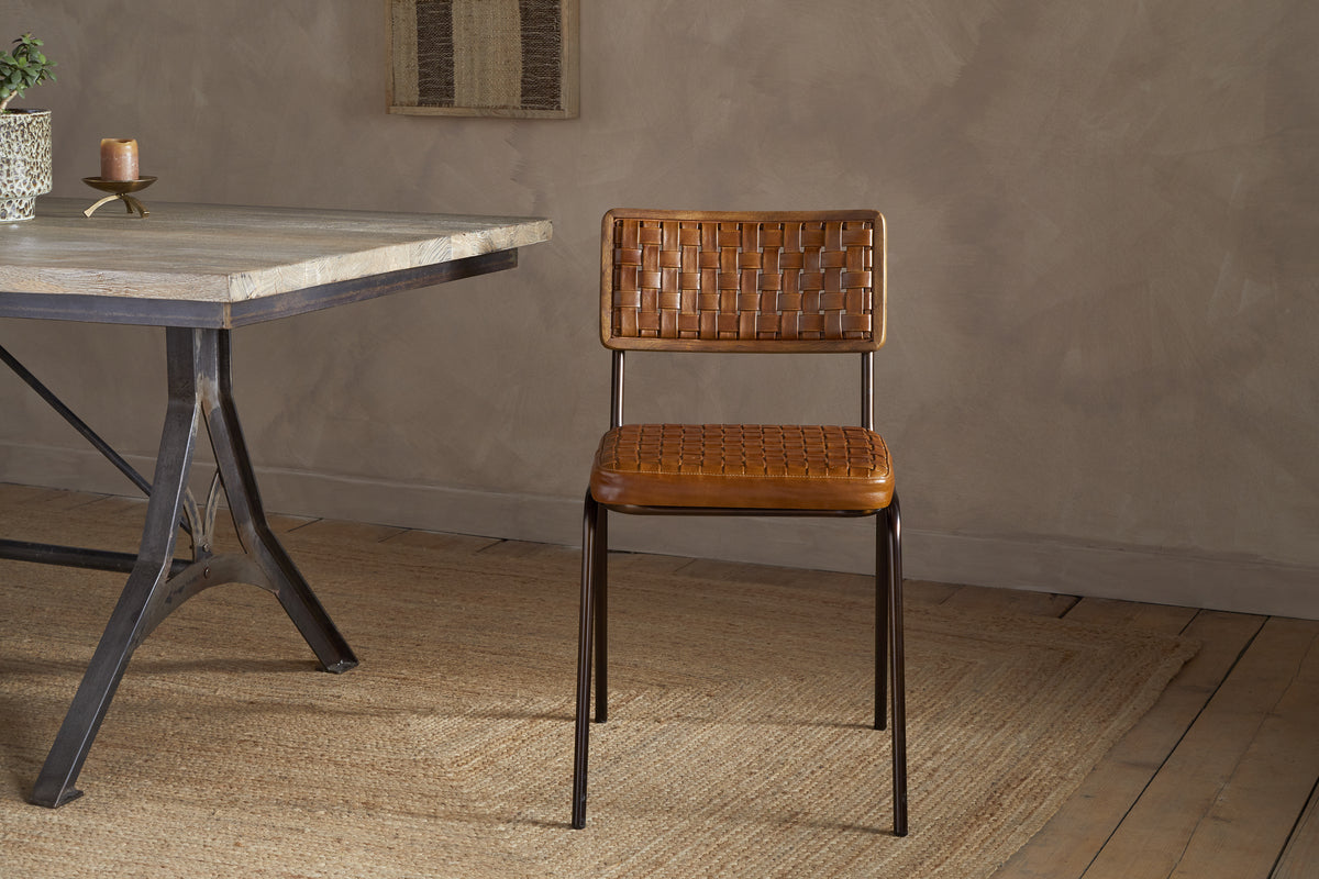 Amala Leather Weave & Iron Dining Chair - Aged Tan-SEATING-Nkuku