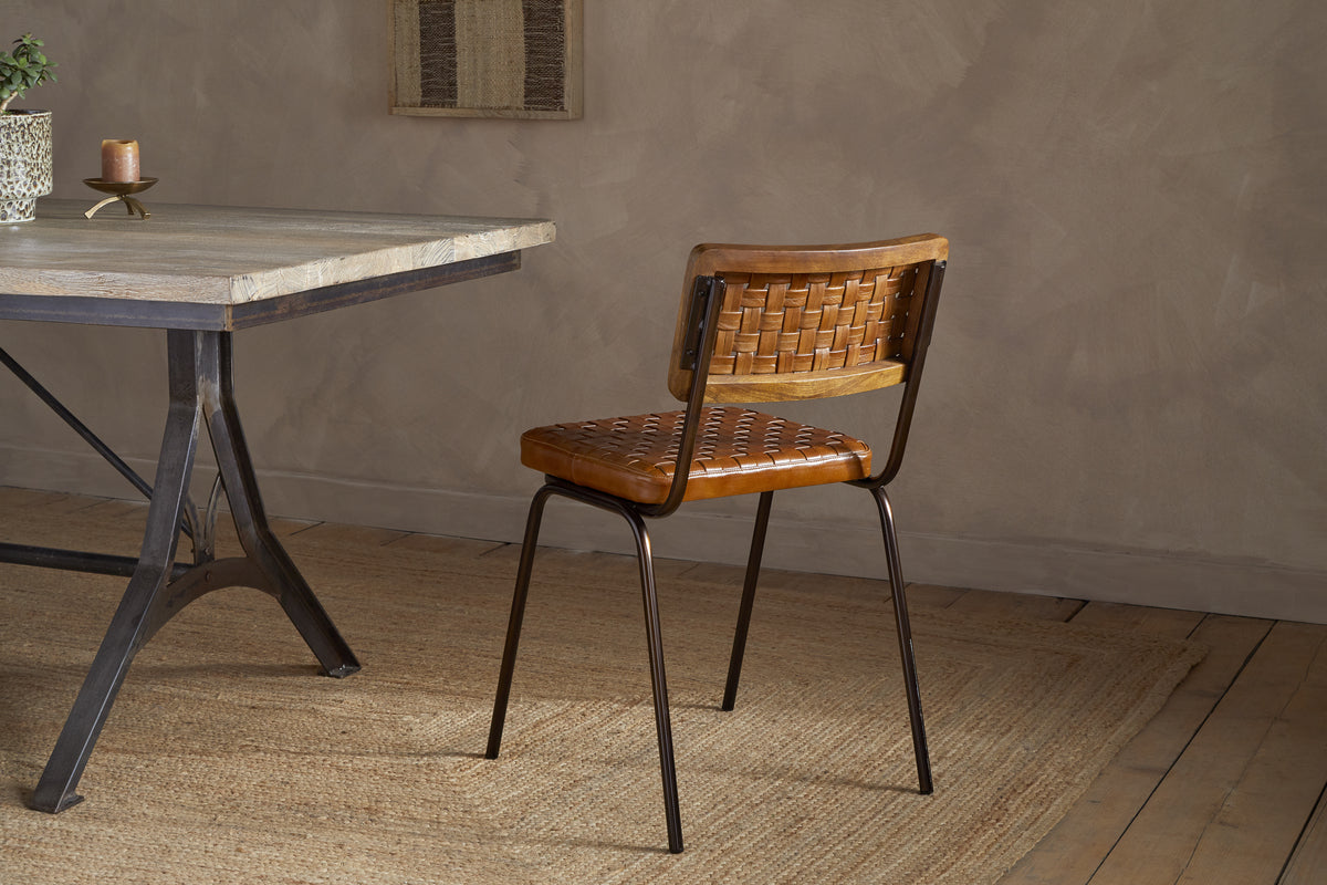 Amala Leather Weave & Iron Dining Chair - Aged Tan-SEATING-Nkuku