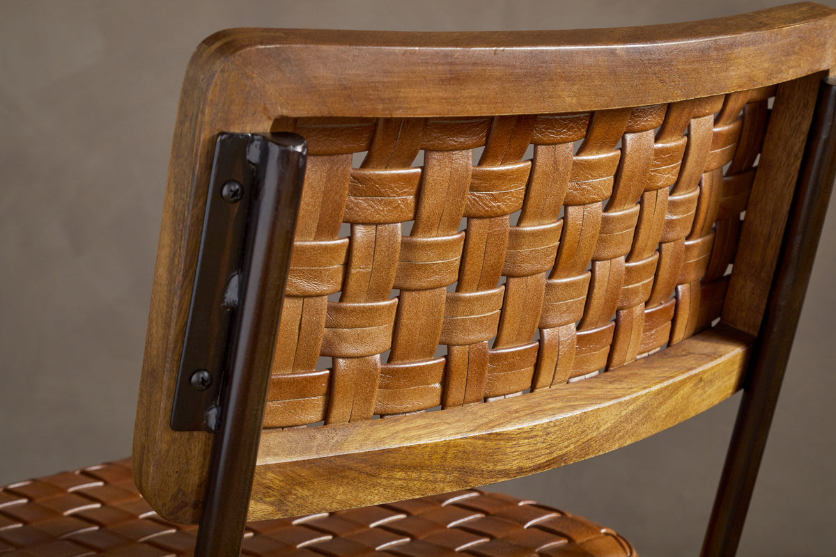 Amala Leather Weave & Iron Dining Chair - Aged Tan-SEATING-Nkuku