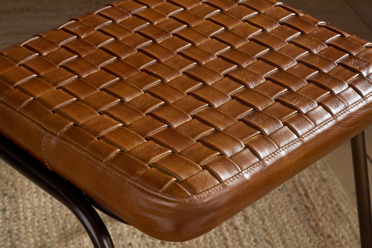 Amala Leather Weave & Iron Dining Chair - Aged Tan-SEATING-Nkuku