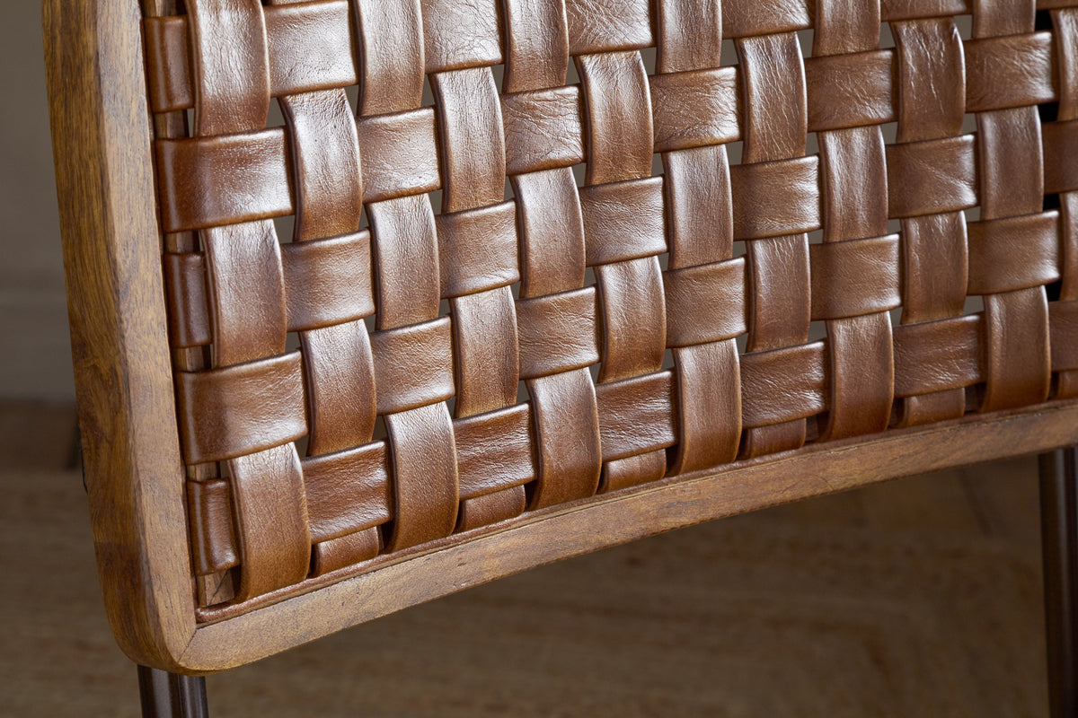 Amala Leather Weave & Iron Dining Chair - Aged Tan-SEATING-Nkuku
