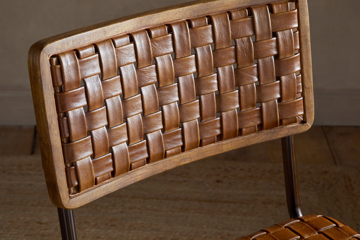 Amala Leather Weave & Iron Dining Chair - Aged Tan-SEATING-Nkuku