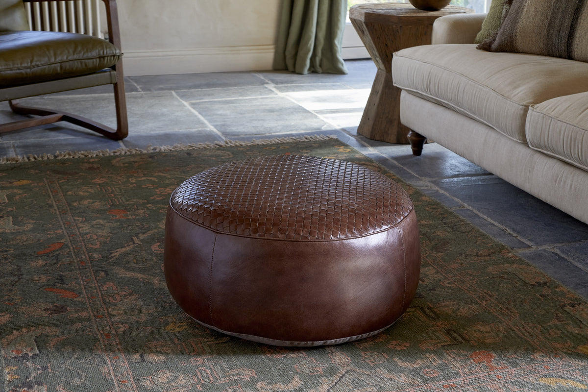 Farida Leather Weave Pouf - Chocolate Brown-SEATING-Nkuku
