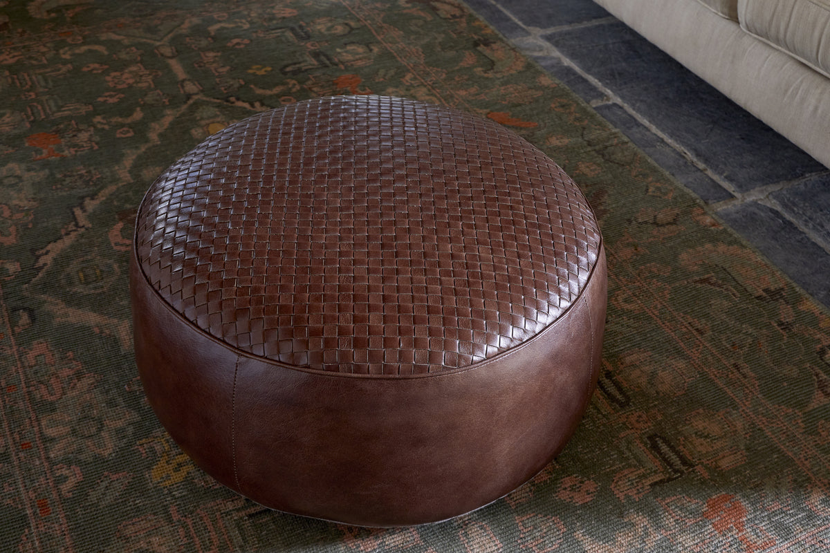 Farida Leather Weave Pouf - Chocolate Brown-SEATING-Nkuku