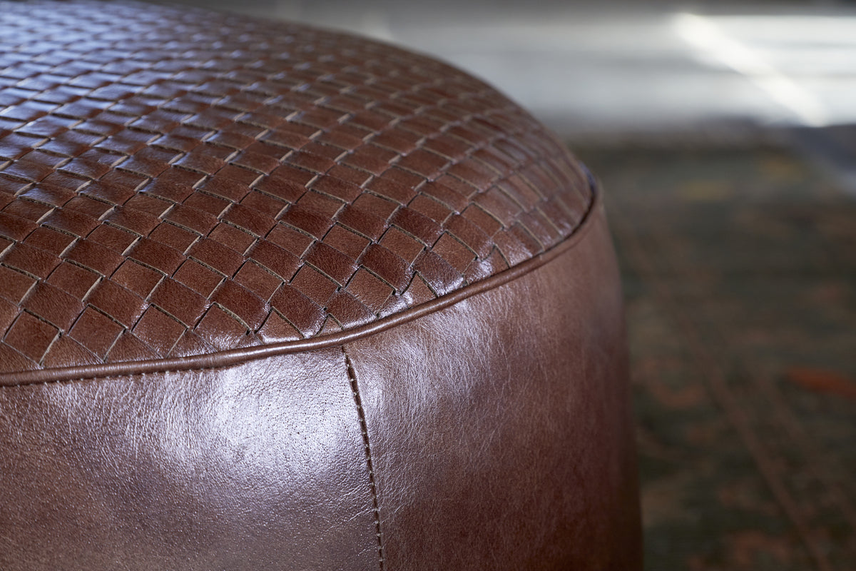 Farida Leather Weave Pouf - Chocolate Brown-SEATING-Nkuku
