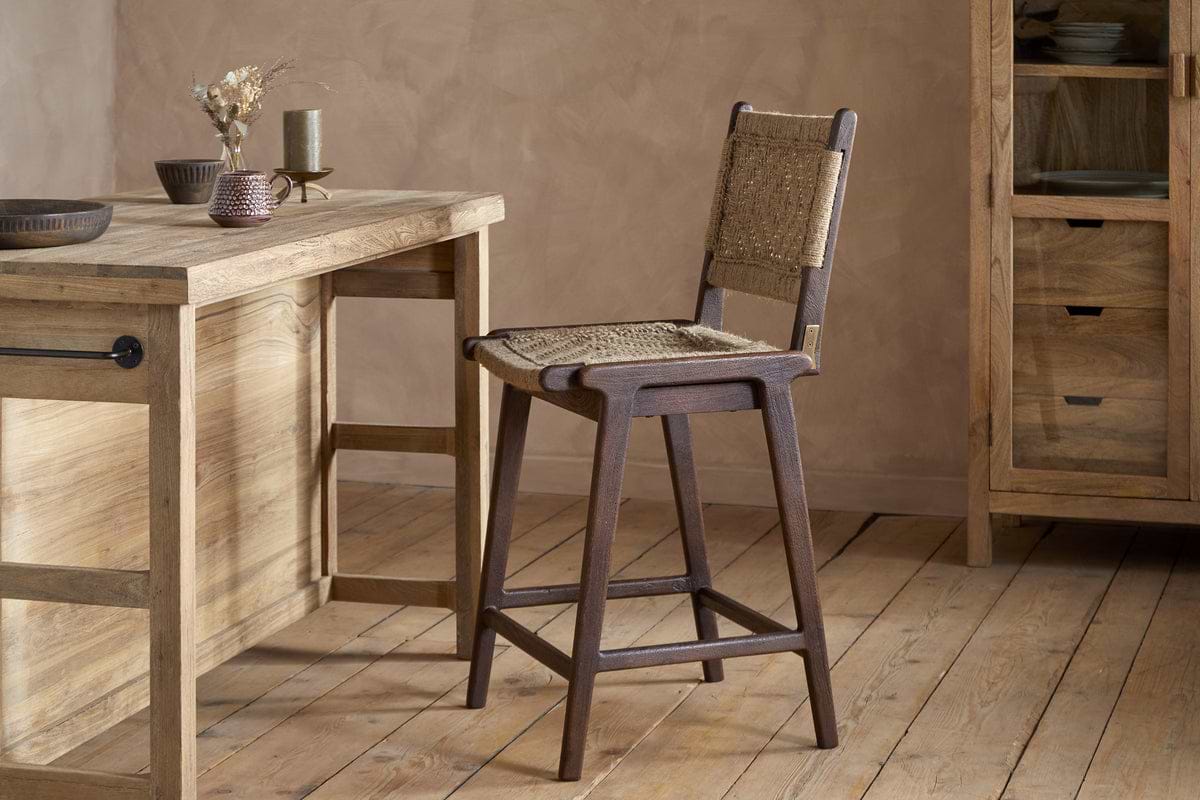 Vinay Jute & Wood Woven Counter Chair - Chocolate Brown-SEATING-Nkuku