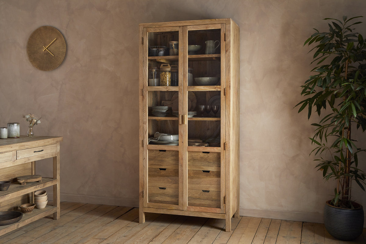 Artha Mango Wood & Glass Tall Cabinet - Natural-STORAGE FURNITURE-Nkuku