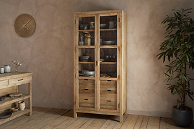 Artha Mango Wood & Glass Tall Cabinet - Natural-STORAGE FURNITURE-Nkuku