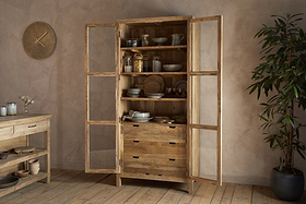 Artha Mango Wood & Glass Tall Cabinet - Natural-STORAGE FURNITURE-Nkuku