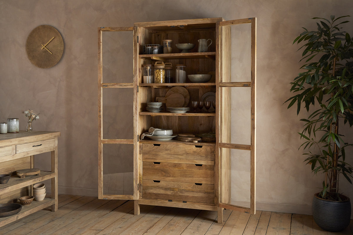 Artha Mango Wood & Glass Tall Cabinet - Natural-STORAGE FURNITURE-Nkuku