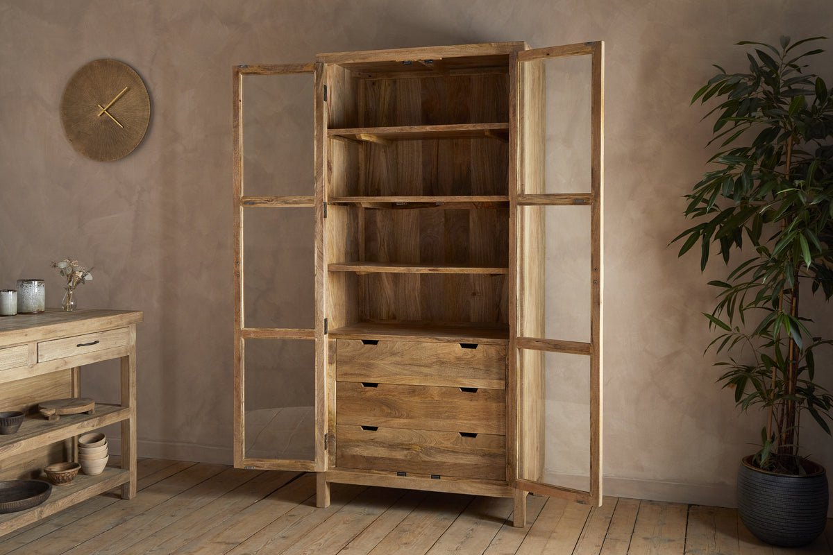 Artha Mango Wood & Glass Tall Cabinet - Natural-STORAGE FURNITURE-Nkuku