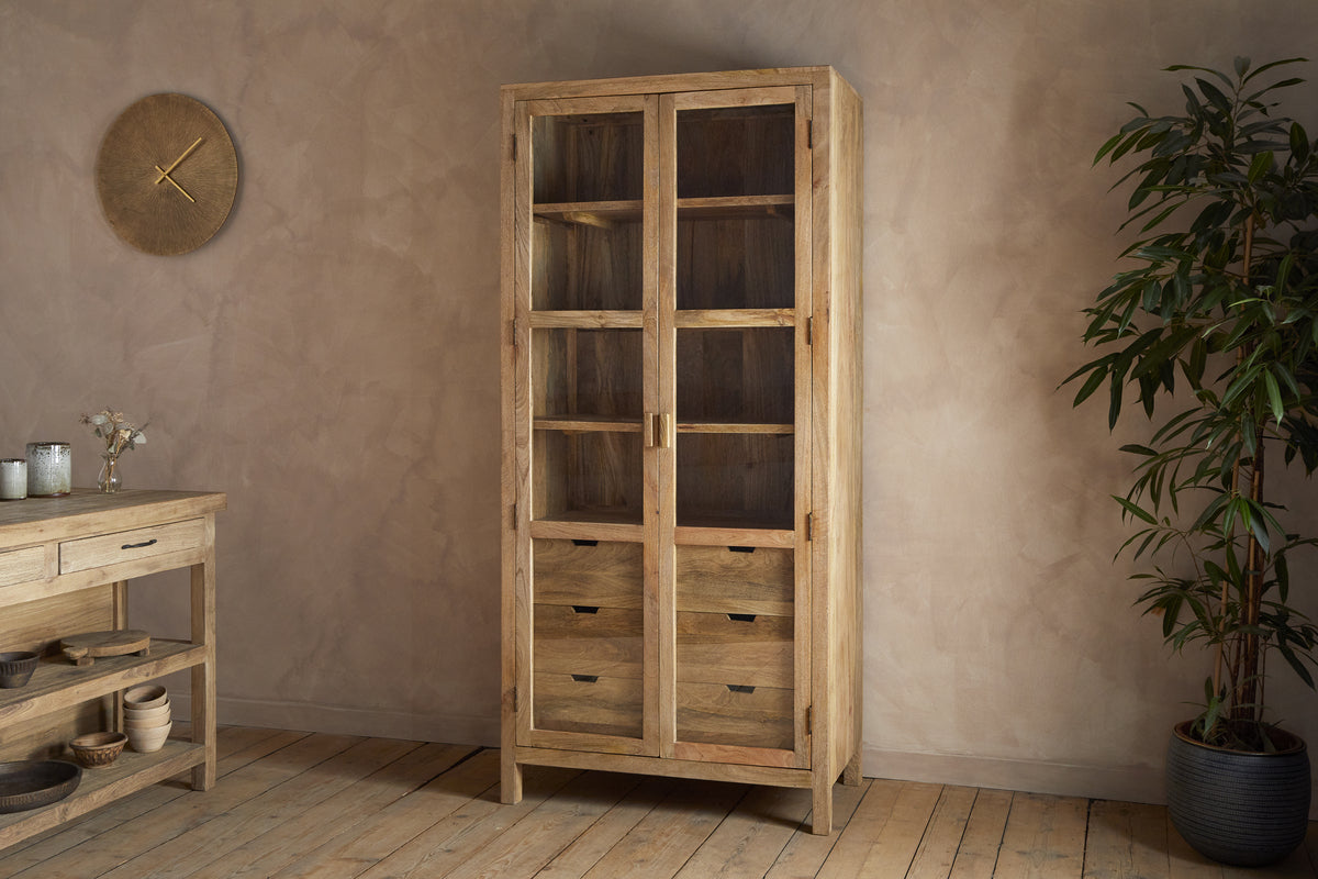 Artha Mango Wood & Glass Tall Cabinet - Natural-STORAGE FURNITURE-Nkuku