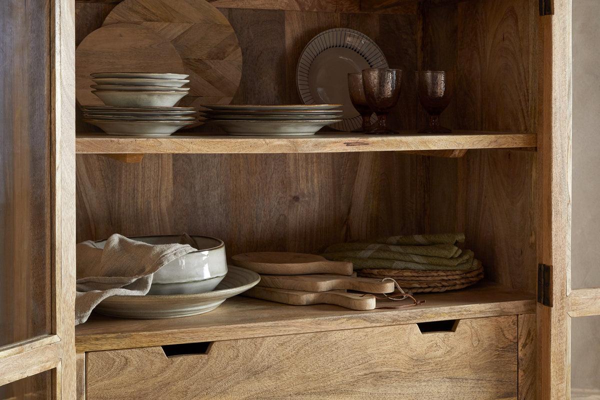 Artha Mango Wood & Glass Tall Cabinet - Natural-STORAGE FURNITURE-Nkuku