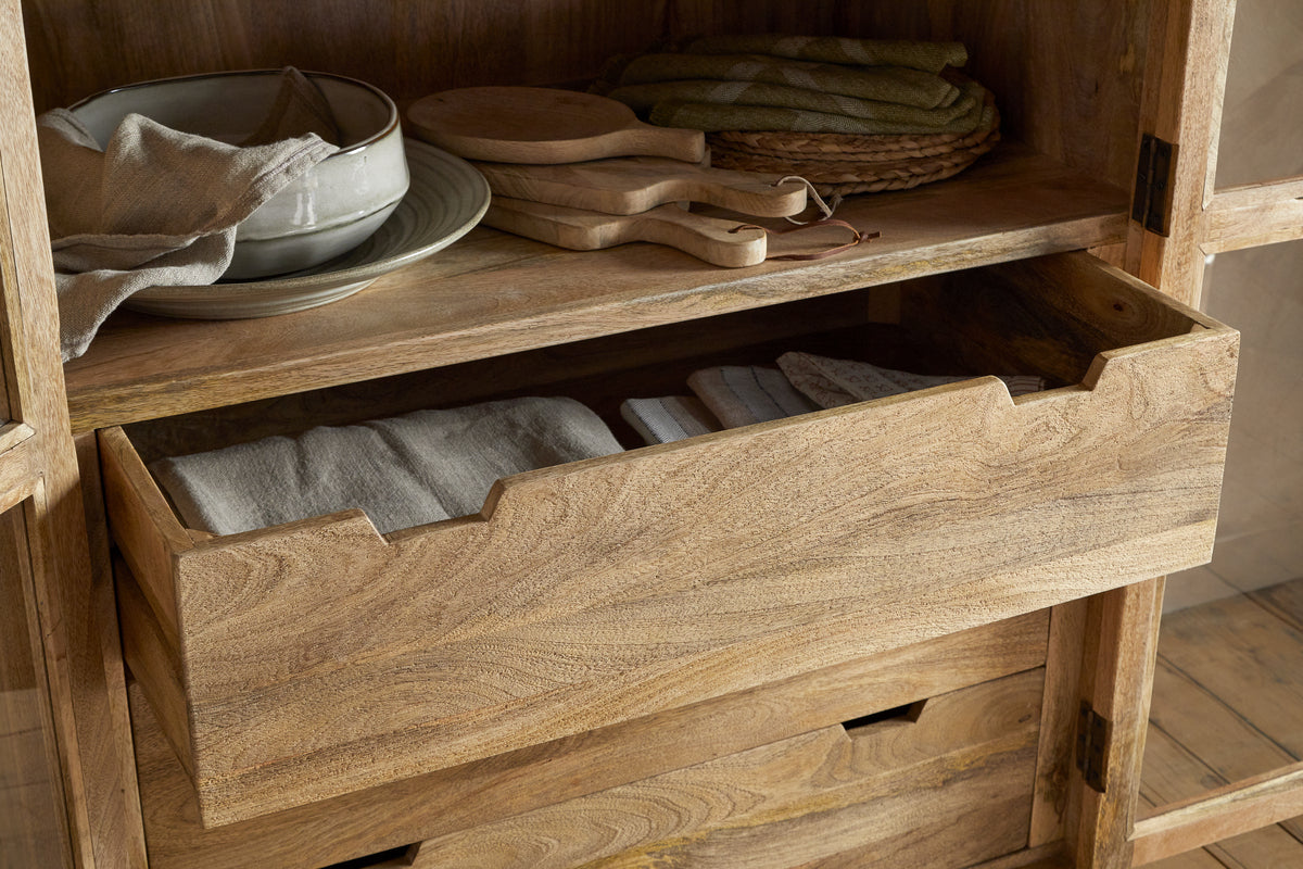 Artha Mango Wood & Glass Tall Cabinet - Natural-STORAGE FURNITURE-Nkuku