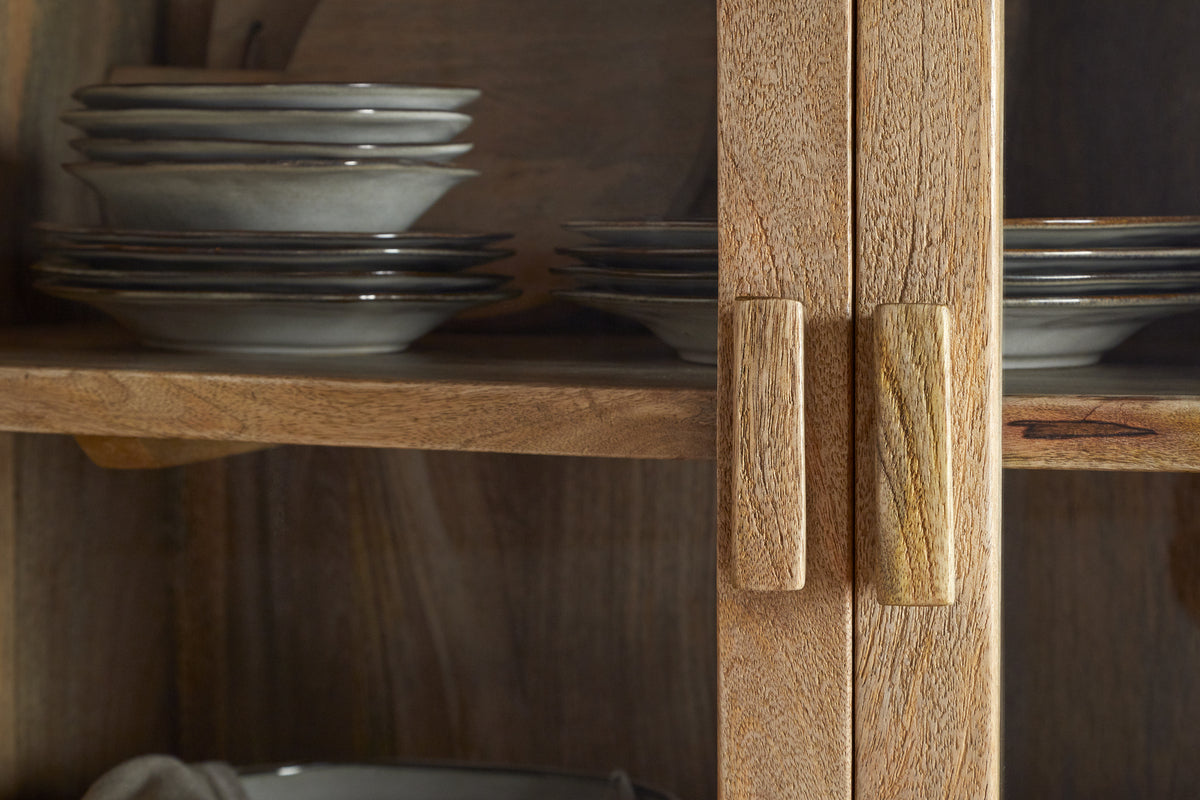 Artha Mango Wood & Glass Tall Cabinet - Natural-STORAGE FURNITURE-Nkuku