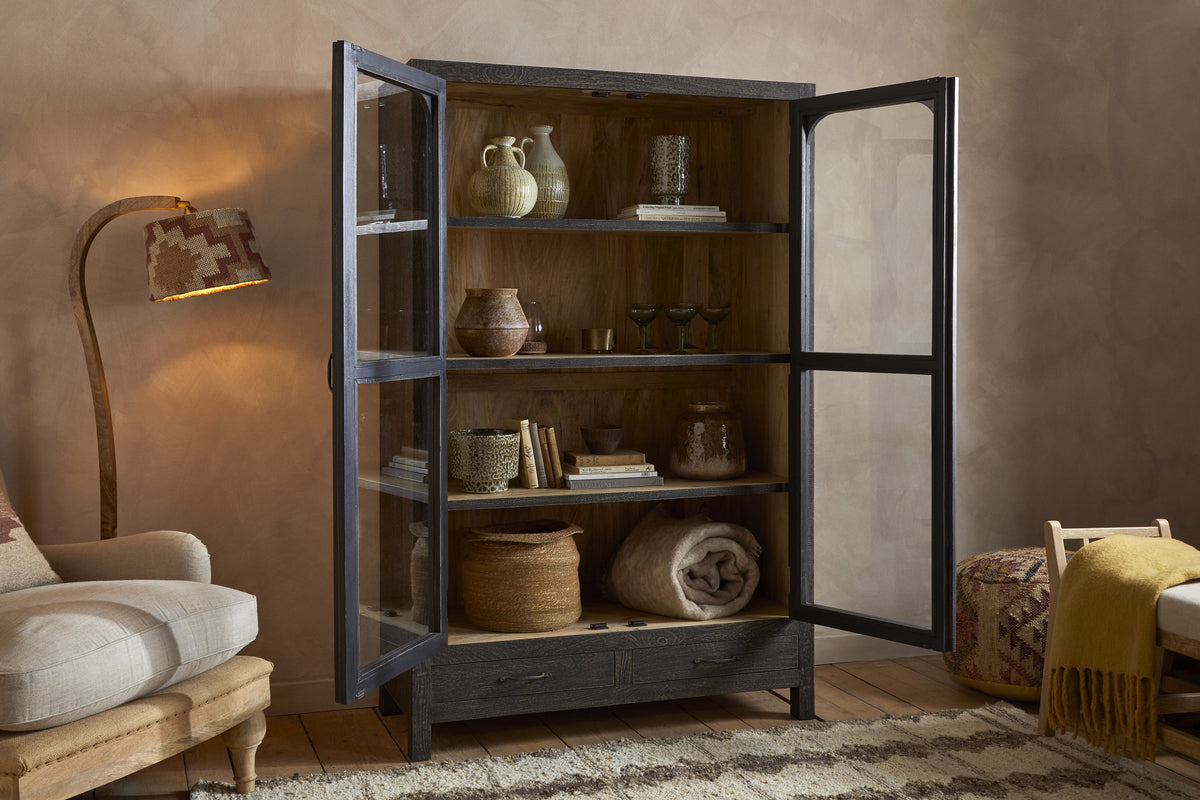 Valin Mango Wood & Glass Cabinet - Natural-STORAGE FURNITURE-Nkuku