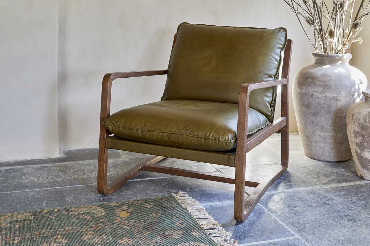 Baloo Acacia Wood & Leather Occasional Chair - Olive Green-SEATING-Nkuku