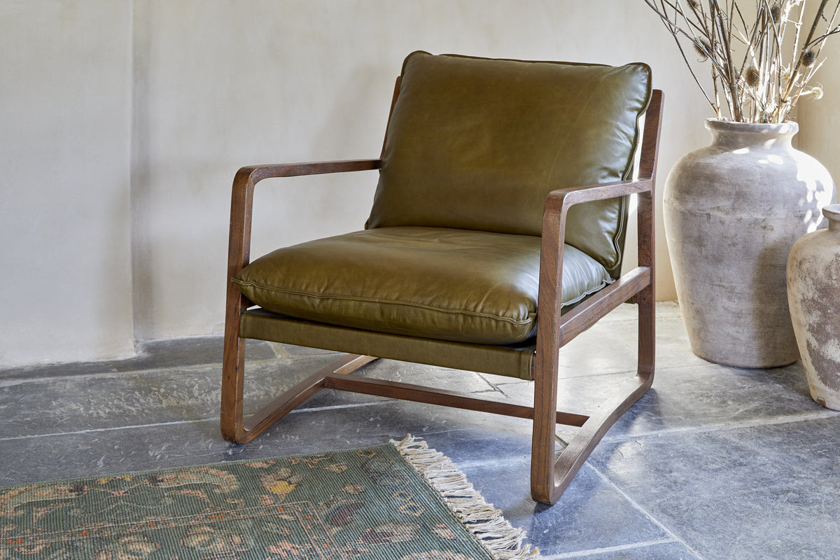 Baloo Acacia Wood & Leather Occasional Chair - Olive Green-SEATING-Nkuku
