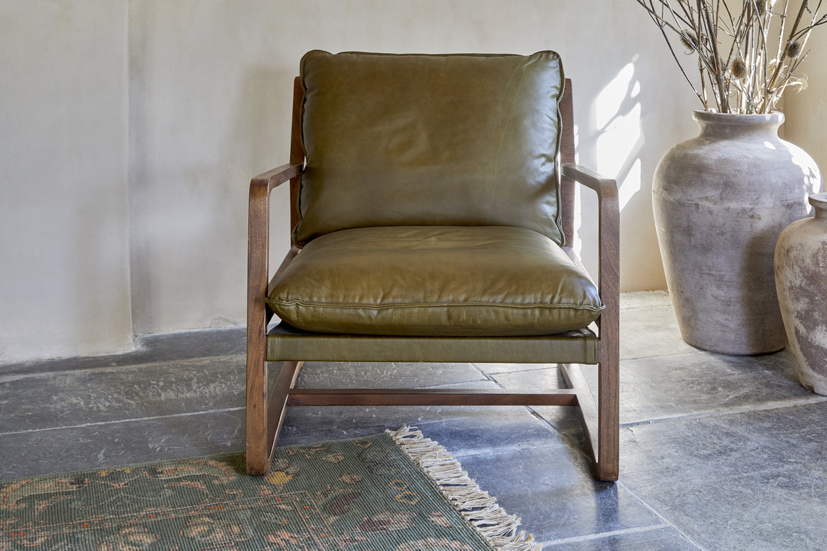 Baloo Acacia Wood & Leather Occasional Chair - Olive Green-SEATING-Nkuku