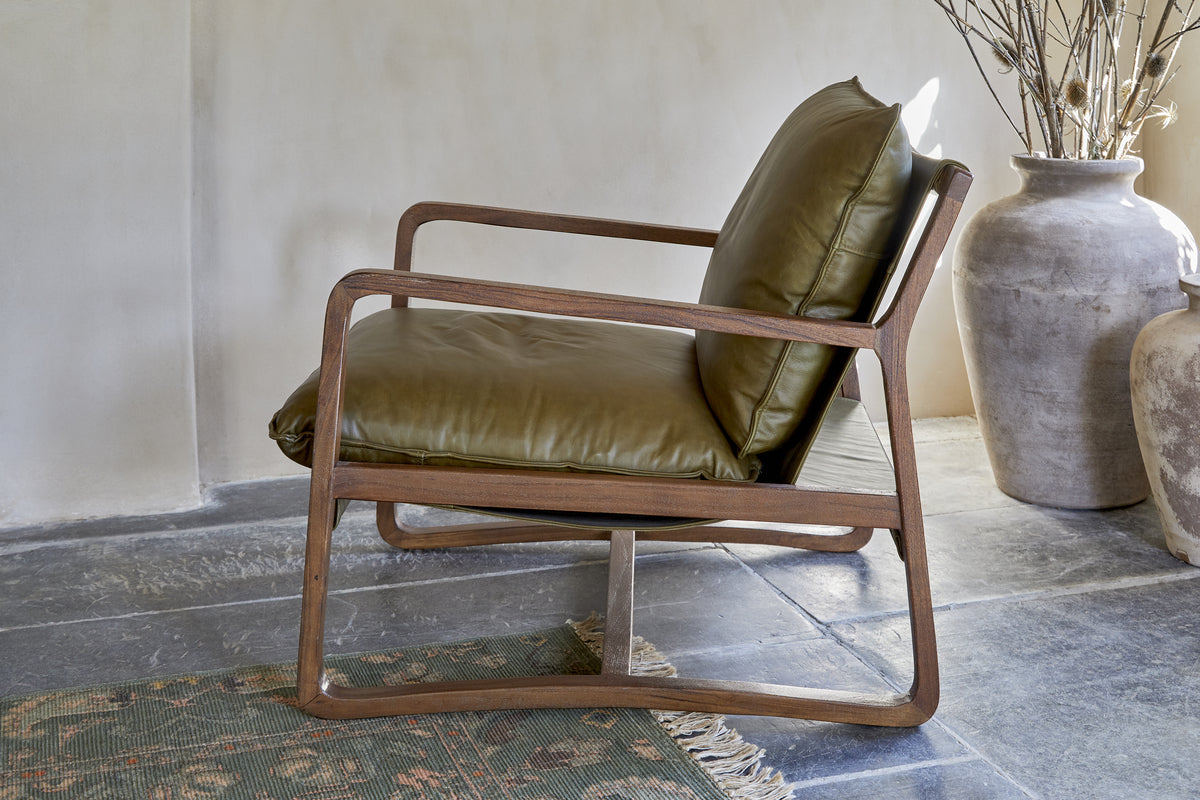 Baloo Acacia Wood & Leather Occasional Chair - Olive Green-SEATING-Nkuku
