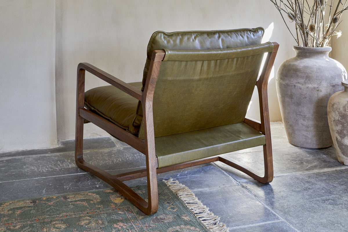 Baloo Acacia Wood & Leather Occasional Chair - Olive Green-SEATING-Nkuku
