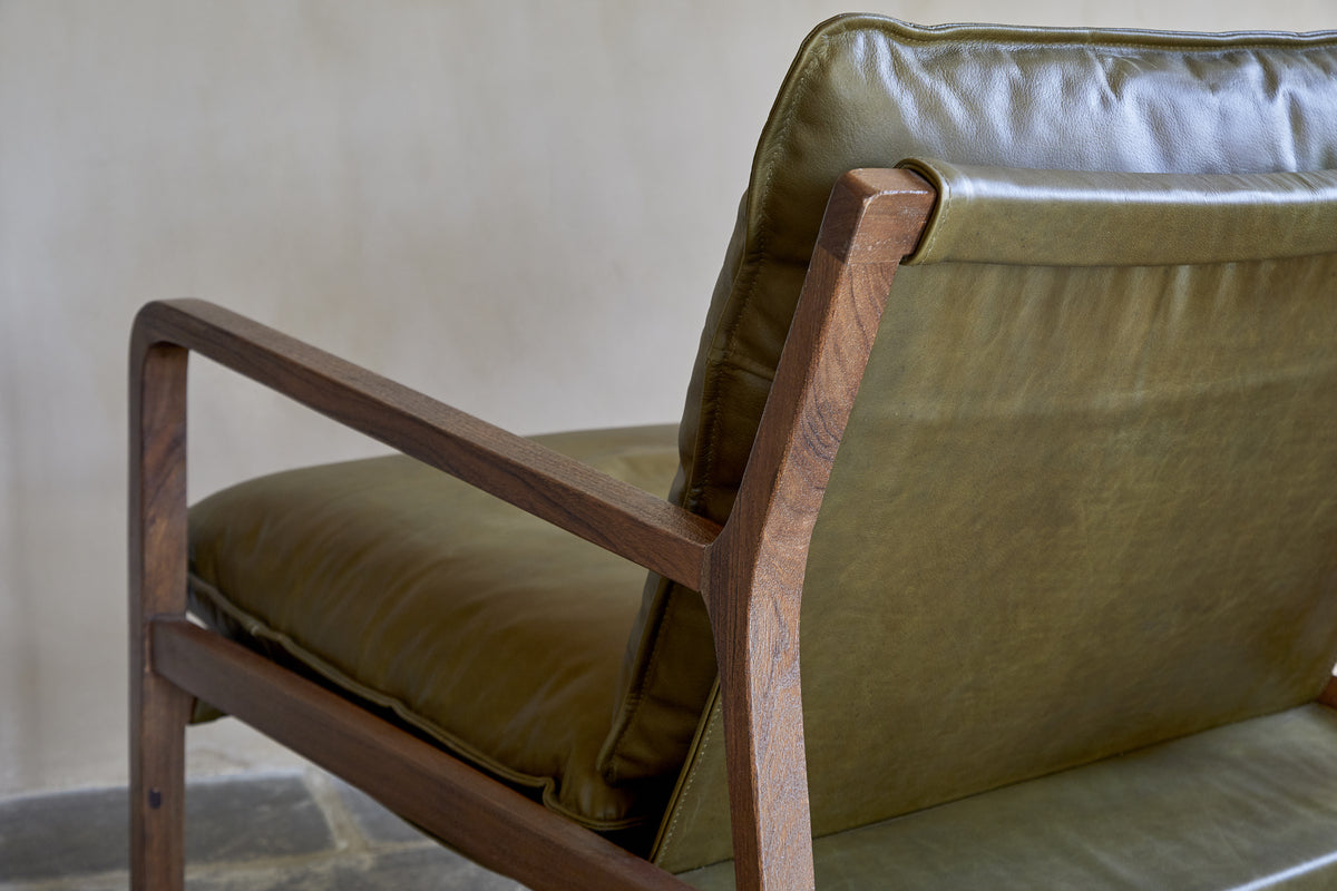 Baloo Acacia Wood & Leather Occasional Chair - Olive Green-SEATING-Nkuku