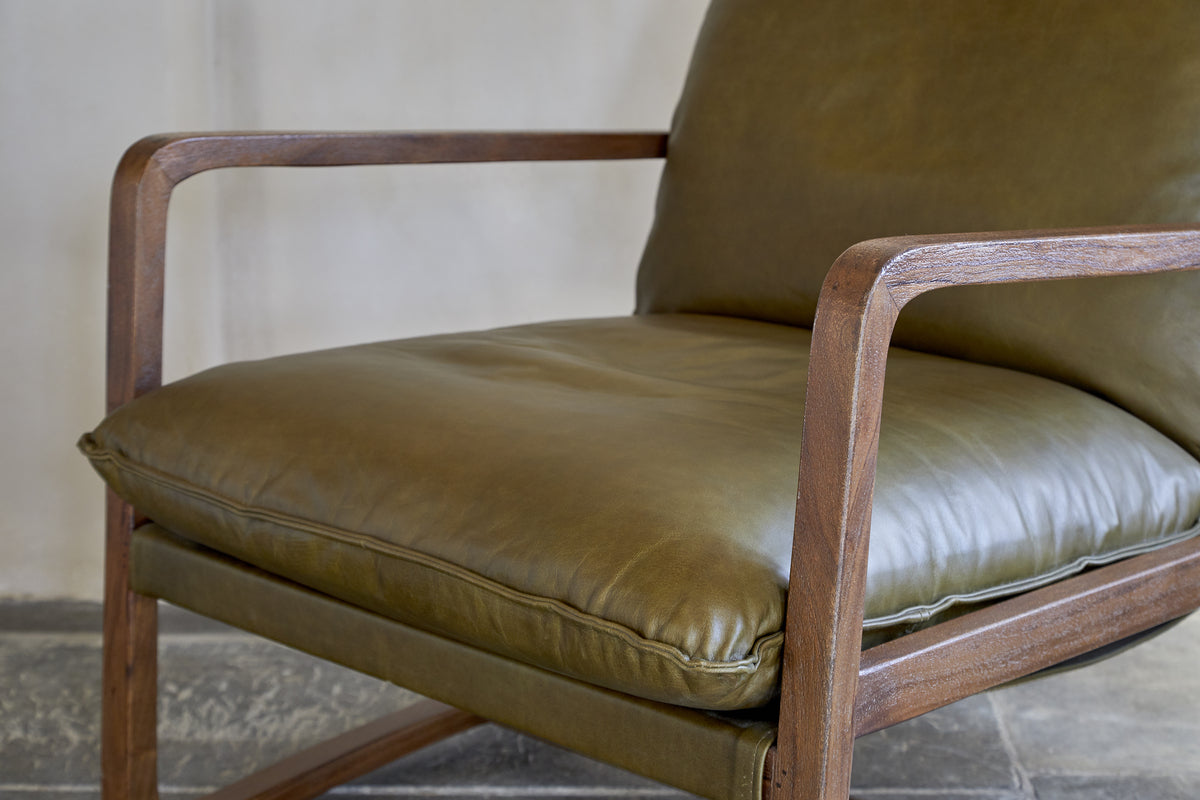 Baloo Acacia Wood & Leather Occasional Chair - Olive Green-SEATING-Nkuku