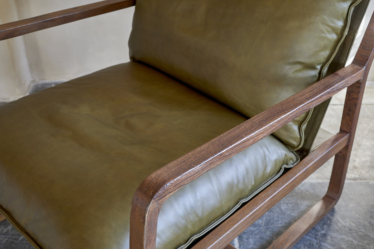 Baloo Acacia Wood & Leather Occasional Chair - Olive Green-SEATING-Nkuku