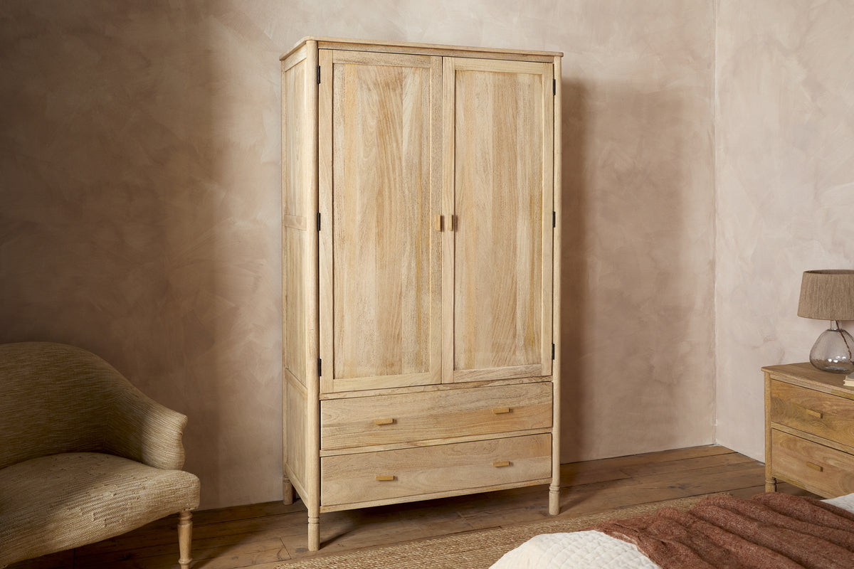 Sri Mango Wood Wardrobe - Natural-BEDROOM FURNITURE-Nkuku
