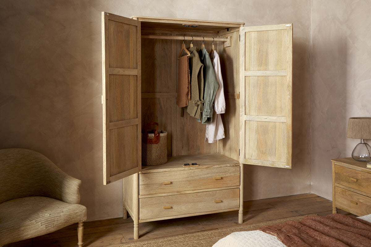 Sri Mango Wood Wardrobe - Natural-BEDROOM FURNITURE-Nkuku