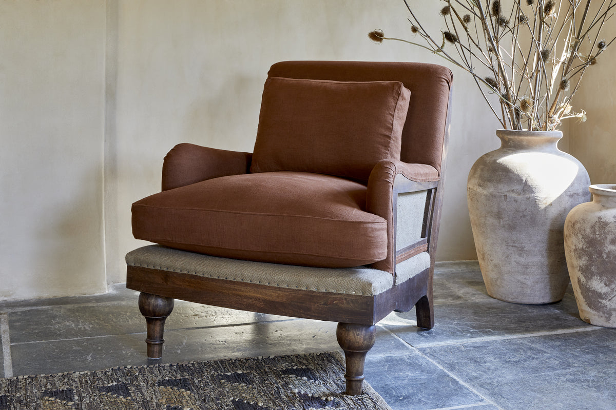 Abe Linen Deconstructed Armchair - Rust-SEATING-Nkuku