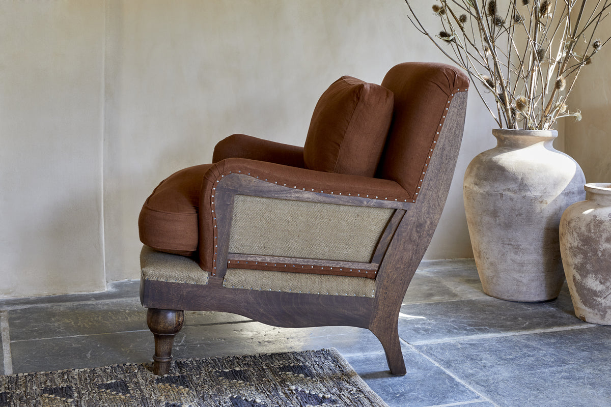 Abe Linen Deconstructed Armchair - Rust-SEATING-Nkuku