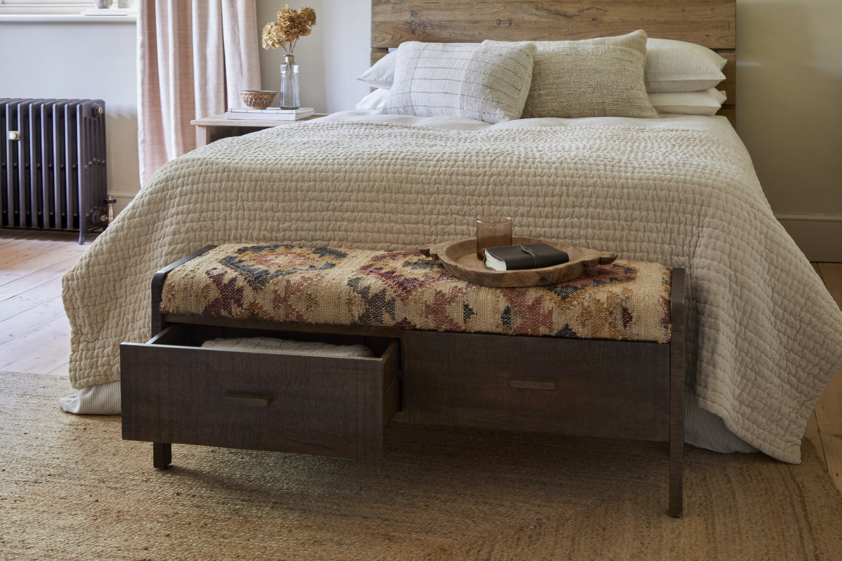 Barir Mango Wood Upholstered Storage Bench - Chocolate Brown-SEATING-Nkuku