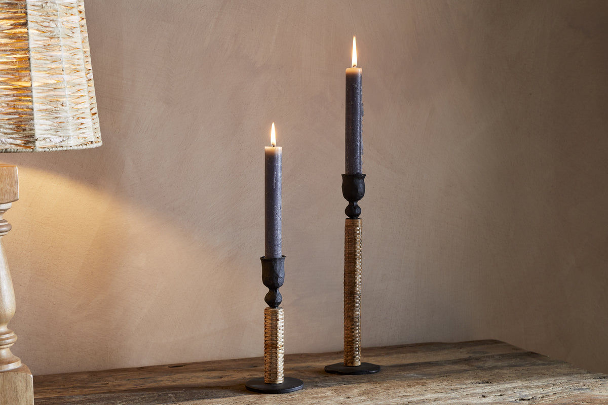 Musika Woven Candle Stick - Black & Natural-CANDLES HOLDERS & LANTERNS-Nkuku